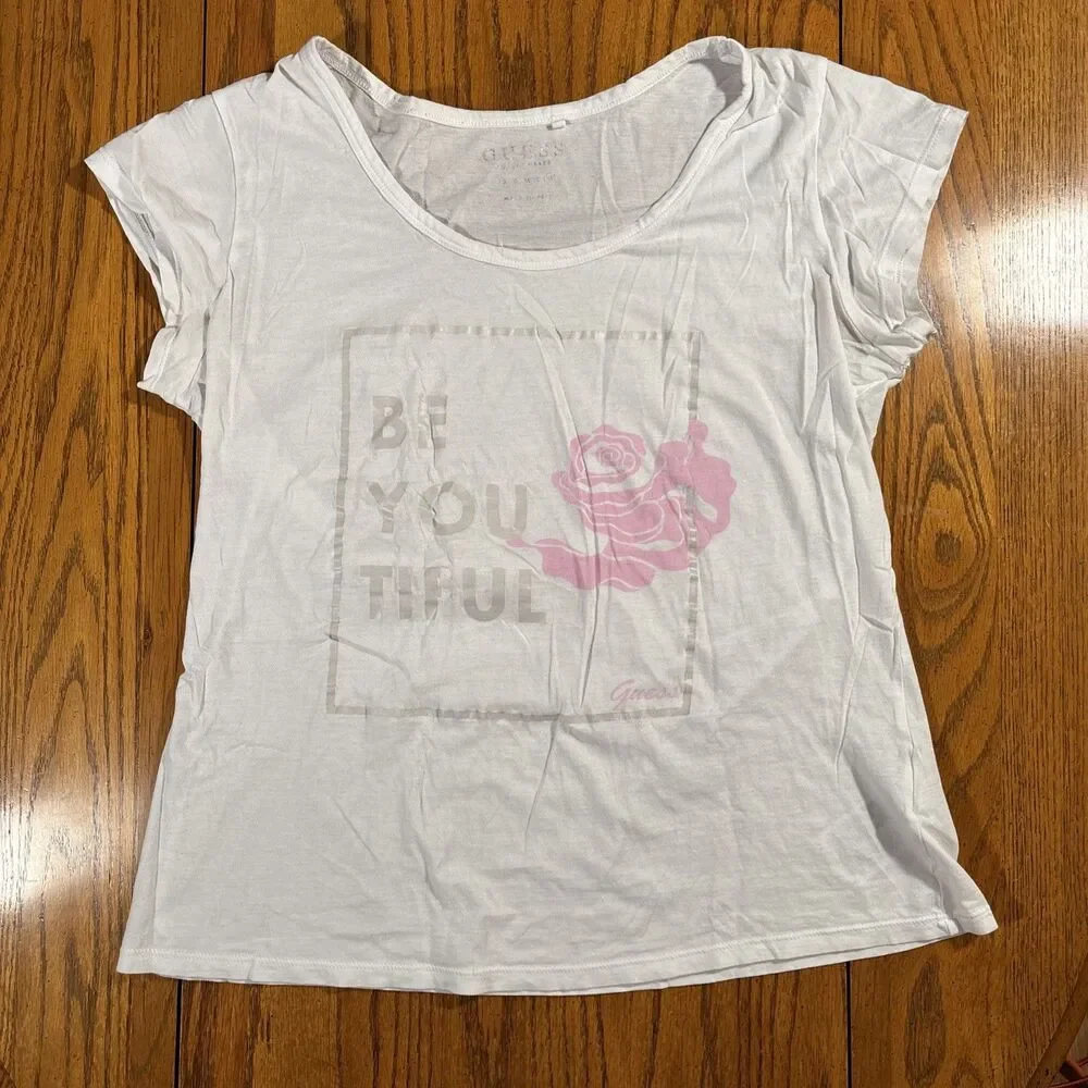 GUESS Be You Tiful White Shirt (Women's Size XL) Pink Rose • Beautiful - Picture 1 of 5